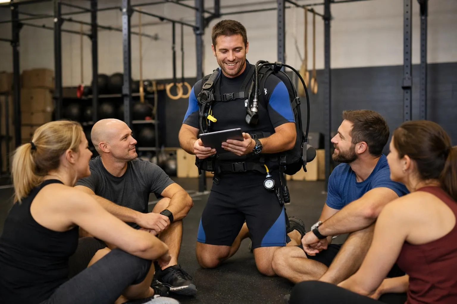 Groupe d'athlètes discutant avec un entraîneur dans une salle de sport.