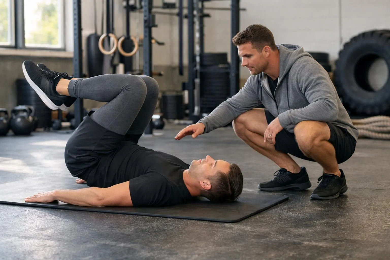 Homme aidant une femme à s'étirer dans un centre de fitness.