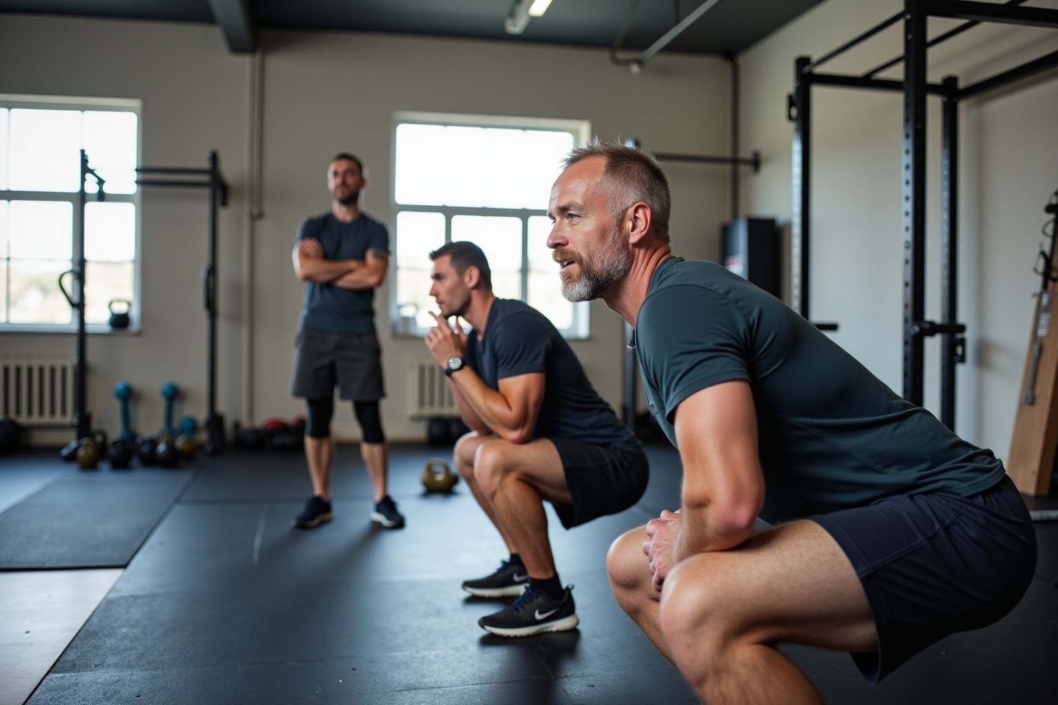 Trois hommes en tenue de sport dans un centre de fitness.