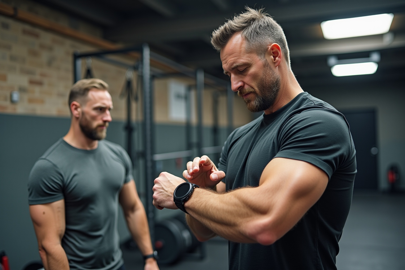 Deux hommes barbus en tenue de sport dans une salle de gym.