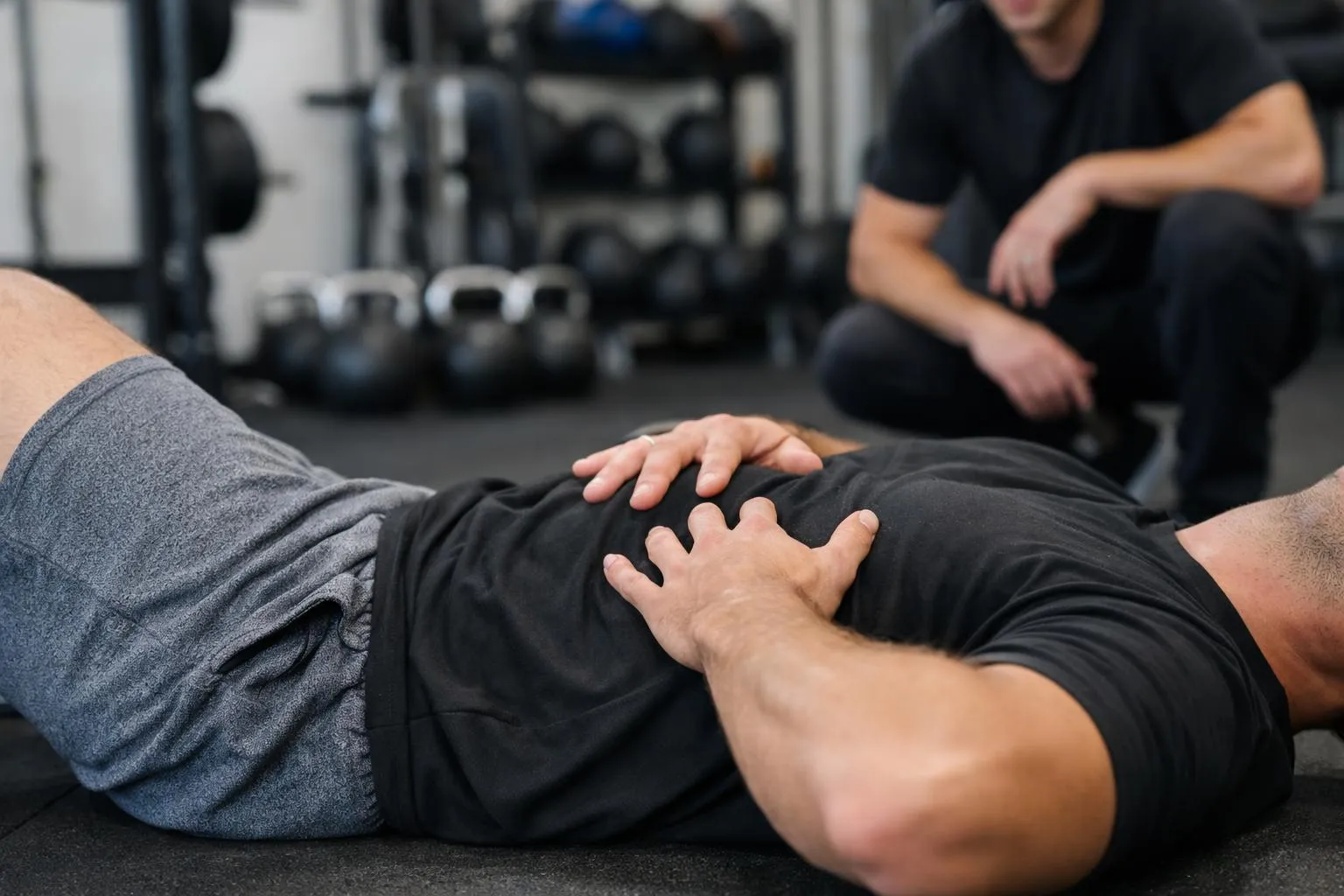 Homme recevant un massage thérapeutique dans une salle de gym.