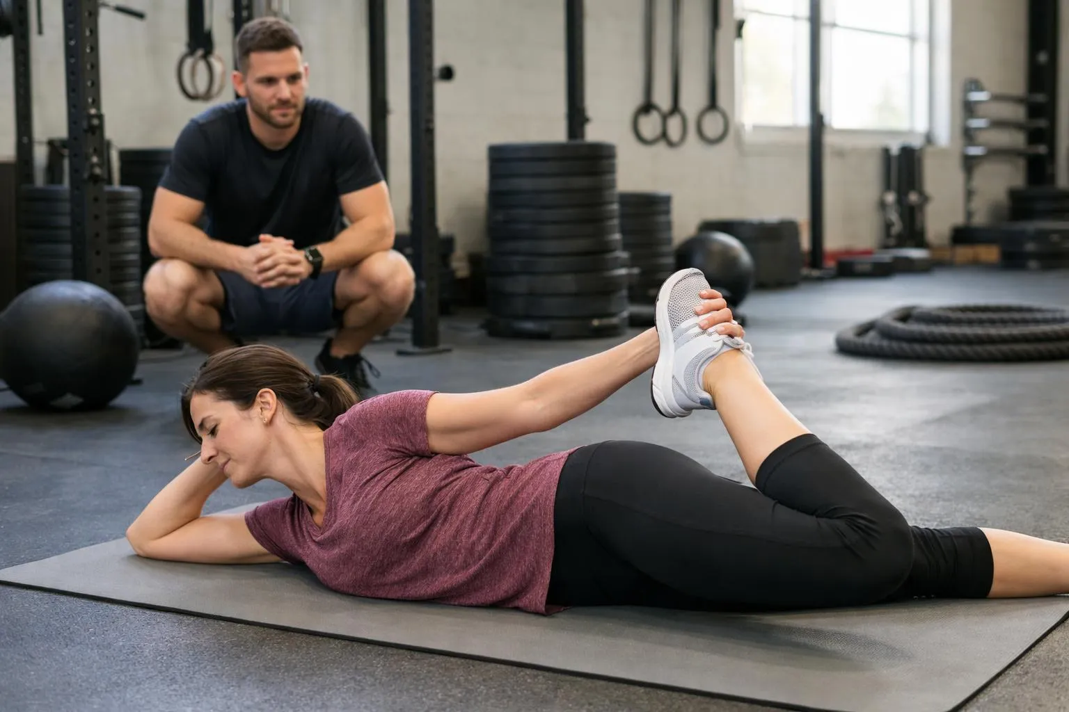 Femme effectuant un exercice de stretching sous la supervision d'un entraîneur dans une salle de sport.