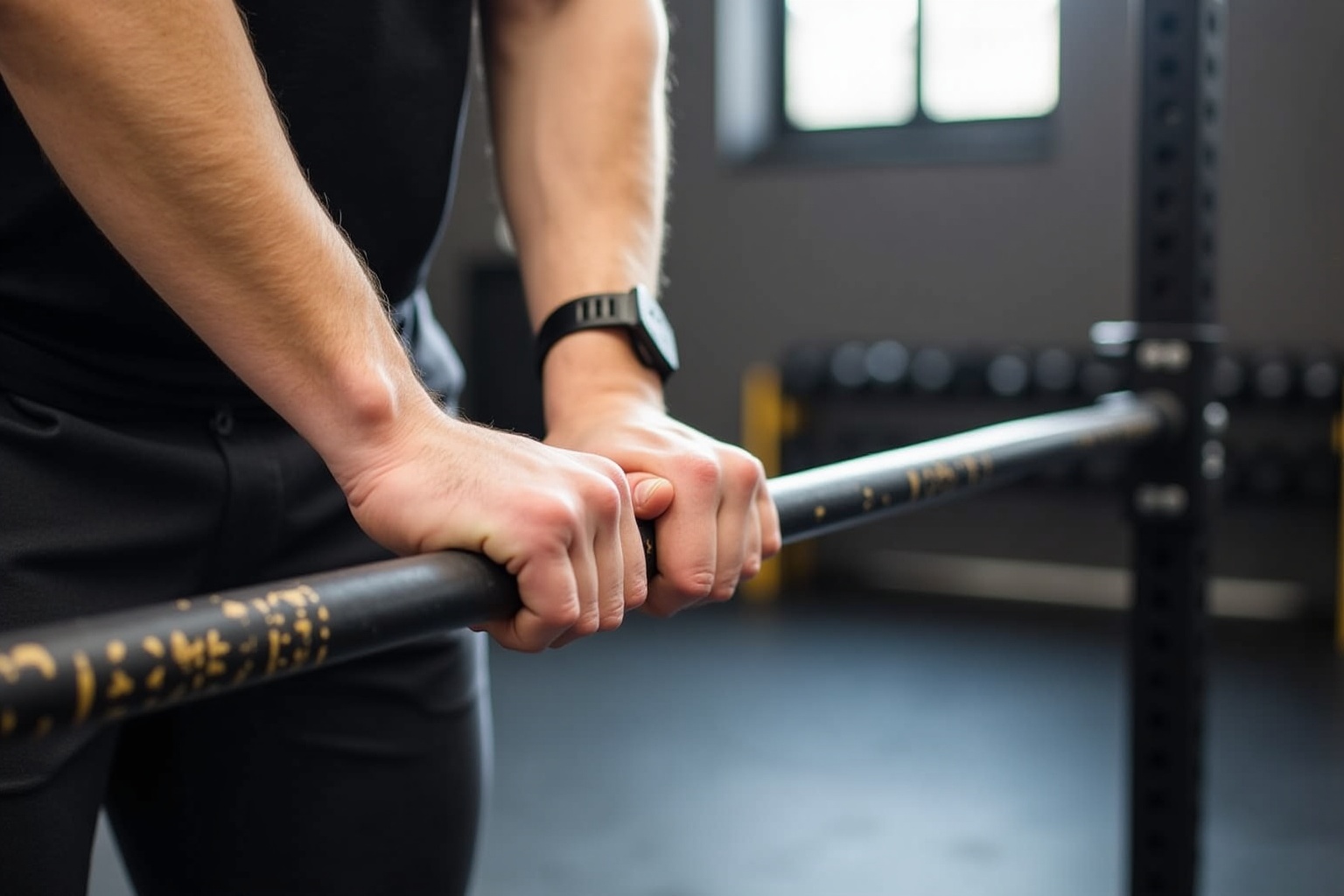 Mains d'un athlète tenant une barre d'haltère dans une salle de gym.