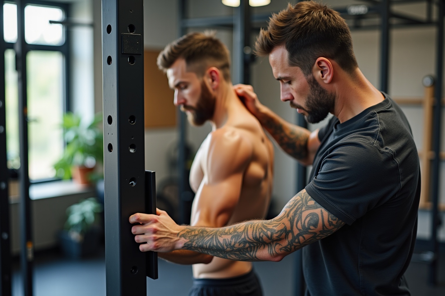 Deux hommes musclés s'entraînant dans une salle de gym.