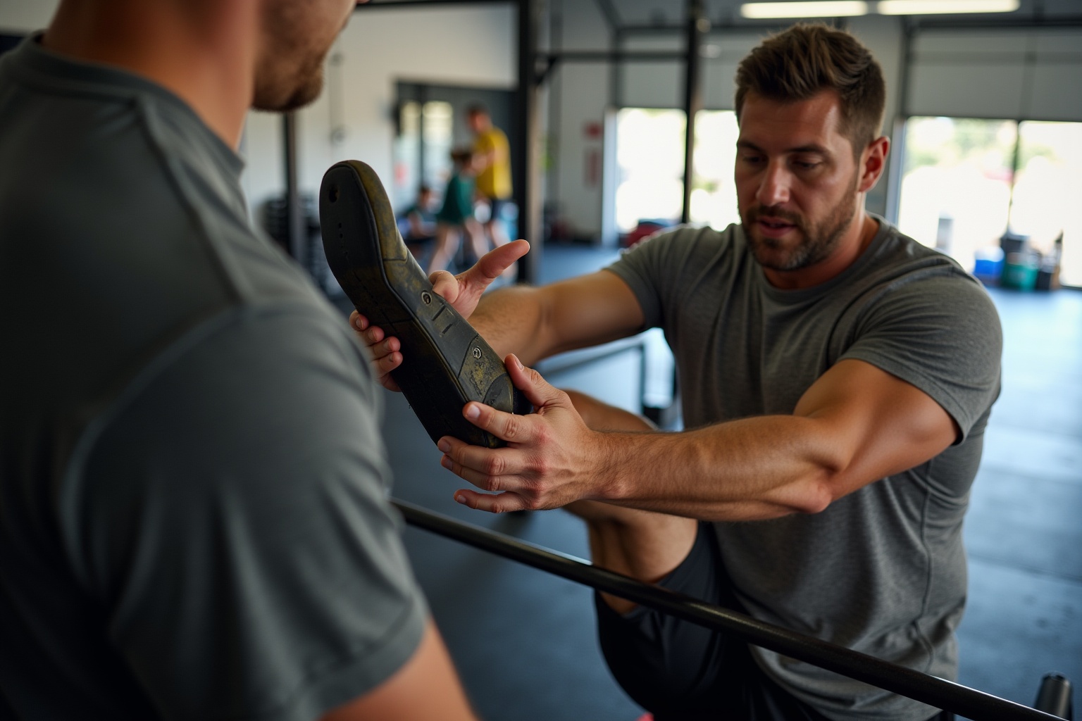 Deux hommes dans une salle de gym, l'un examinant attentivement la chaussure de l'autre.