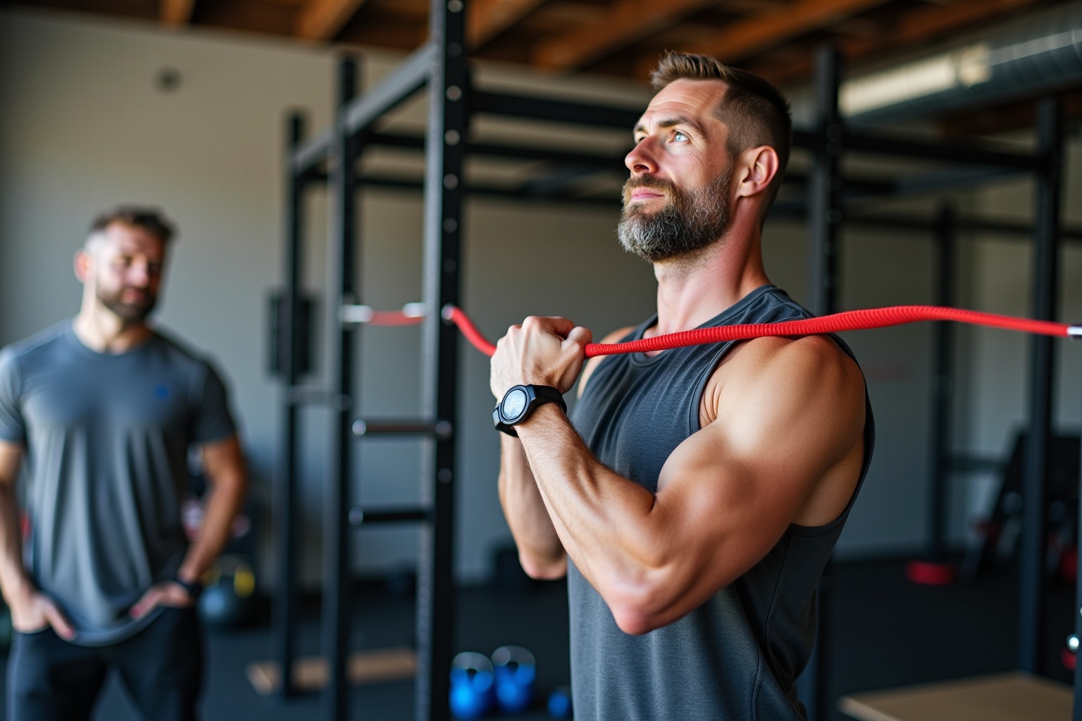 Deux hommes musclés s'entraînent dans une salle de gym.