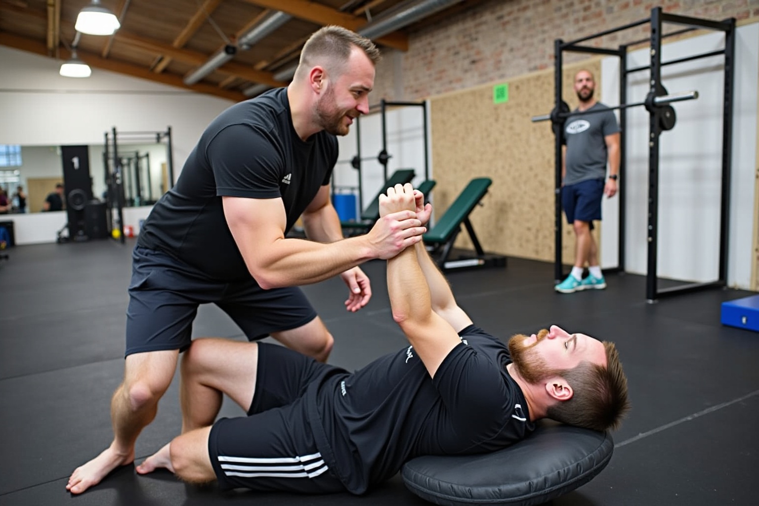 Deux hommes pratiquant une technique de physiothérapie dans un centre de fitness.