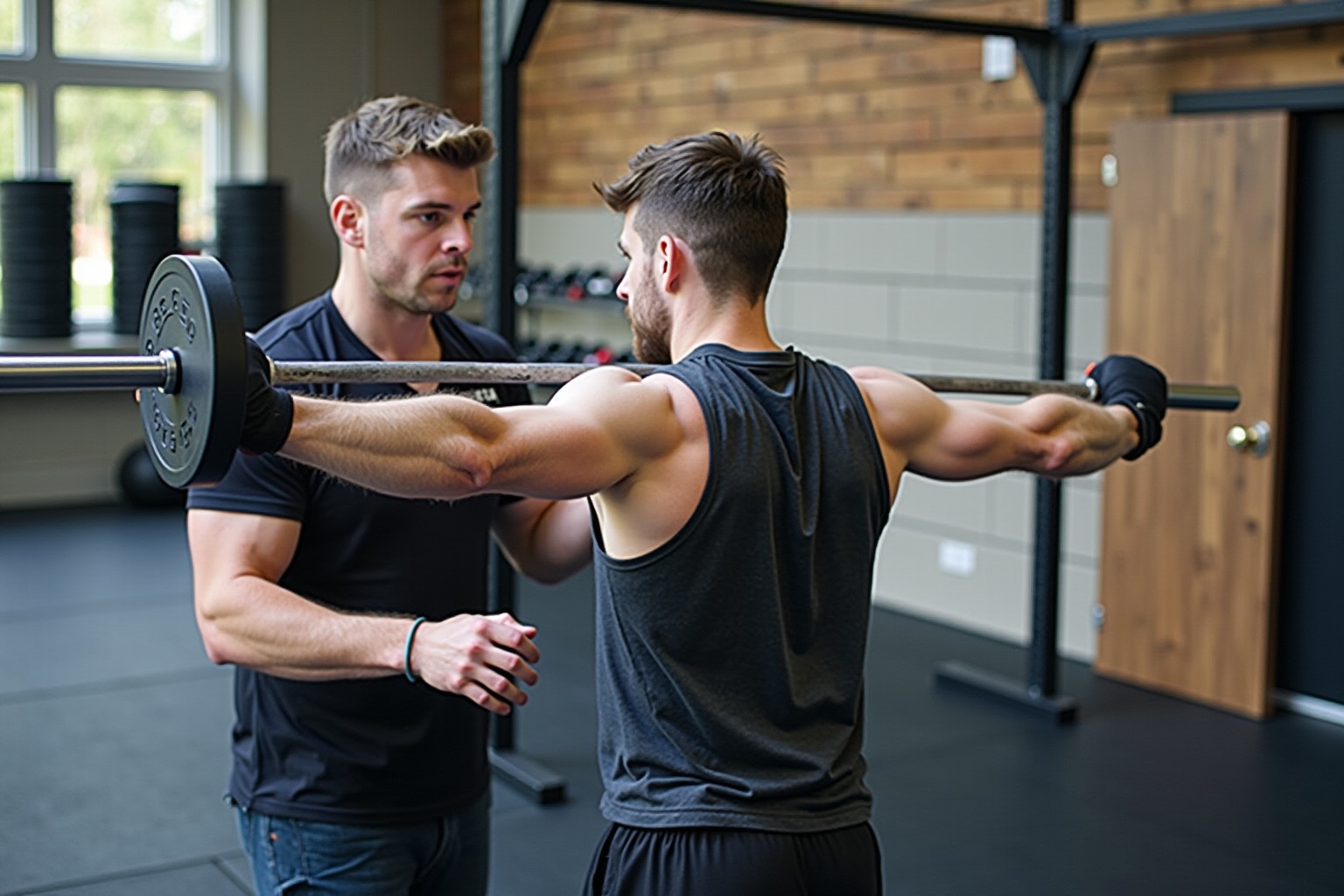 Deux hommes musclés s'entraînent ensemble dans une salle de gym.