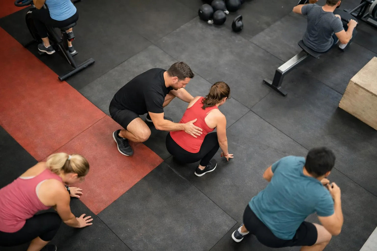 Entraîneur aidant une femme dans un centre de fitness.