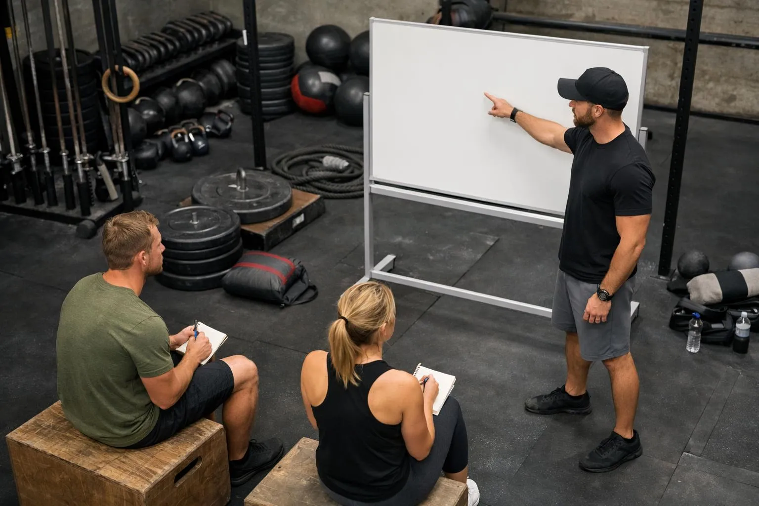 Séance d'entraînement dans une salle de gym avec un instructeur et des athlètes.