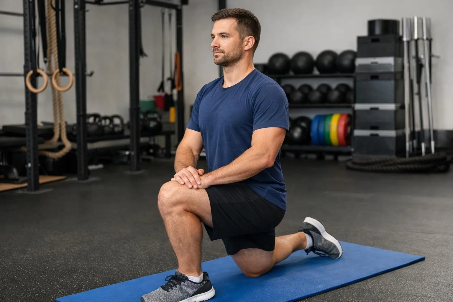 Homme musclé en tenue de sport dans une salle de gym.