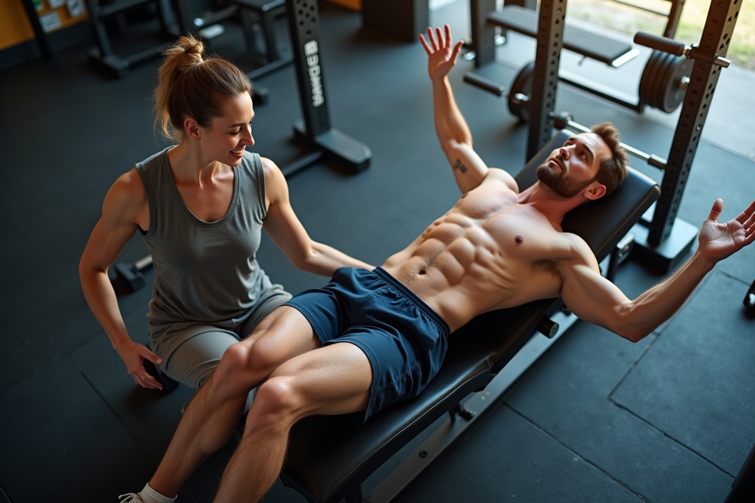 Homme musclé effectuant un exercice de musculation avec l'aide d'une femme.