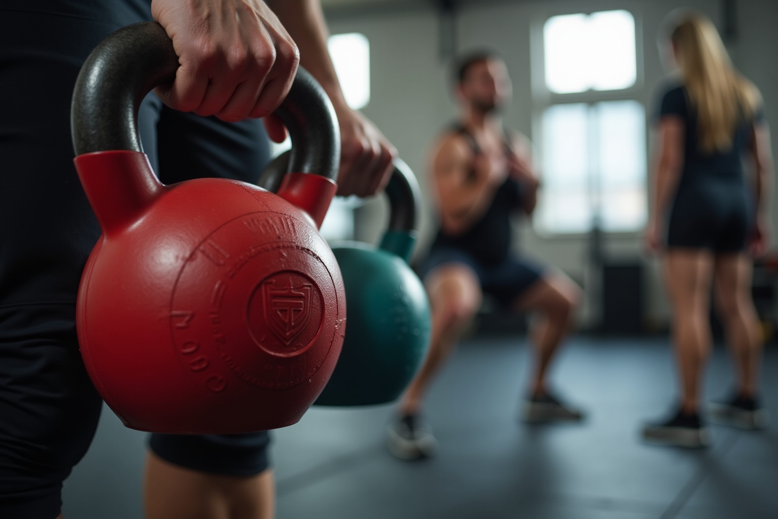 Mains tenant un haltère rouge dans un gymnase.
