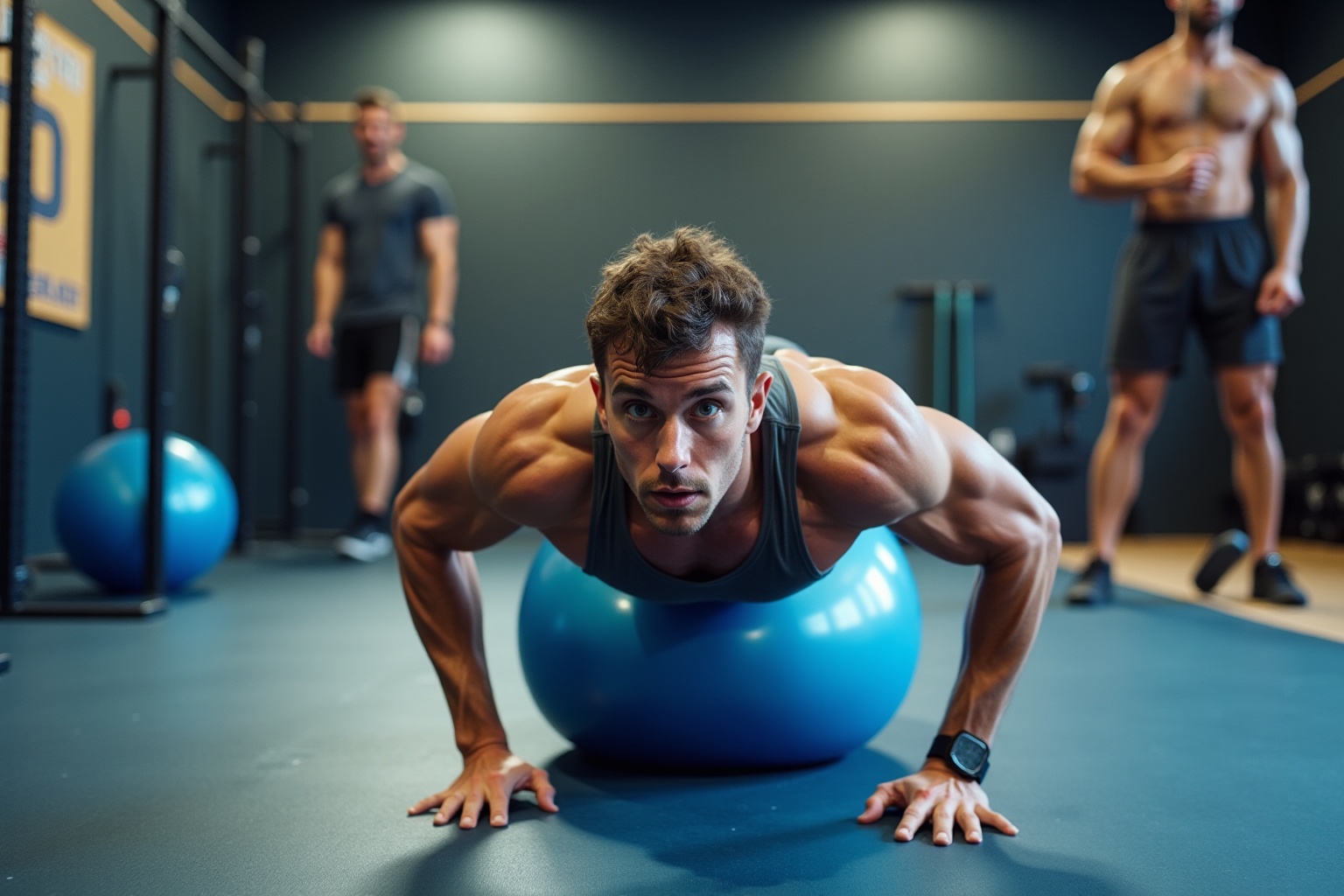 Homme musclé effectuant un exercice de planche sur un ballon de fitness.