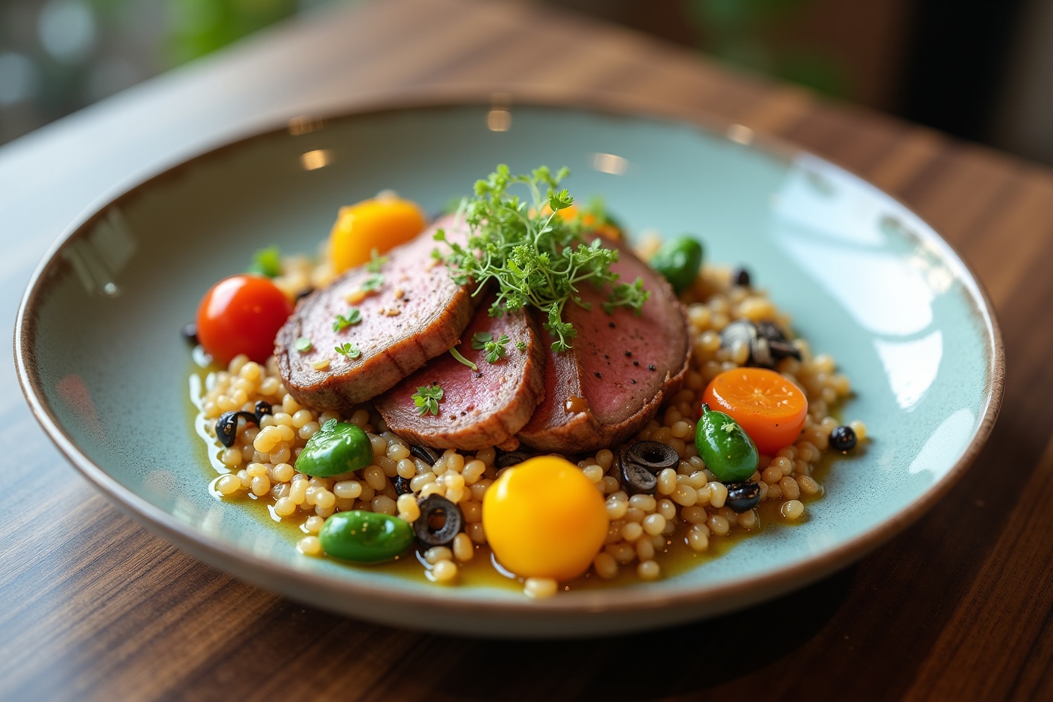 Plat de viande de bœuf grillée avec légumes et grains sur assiette.