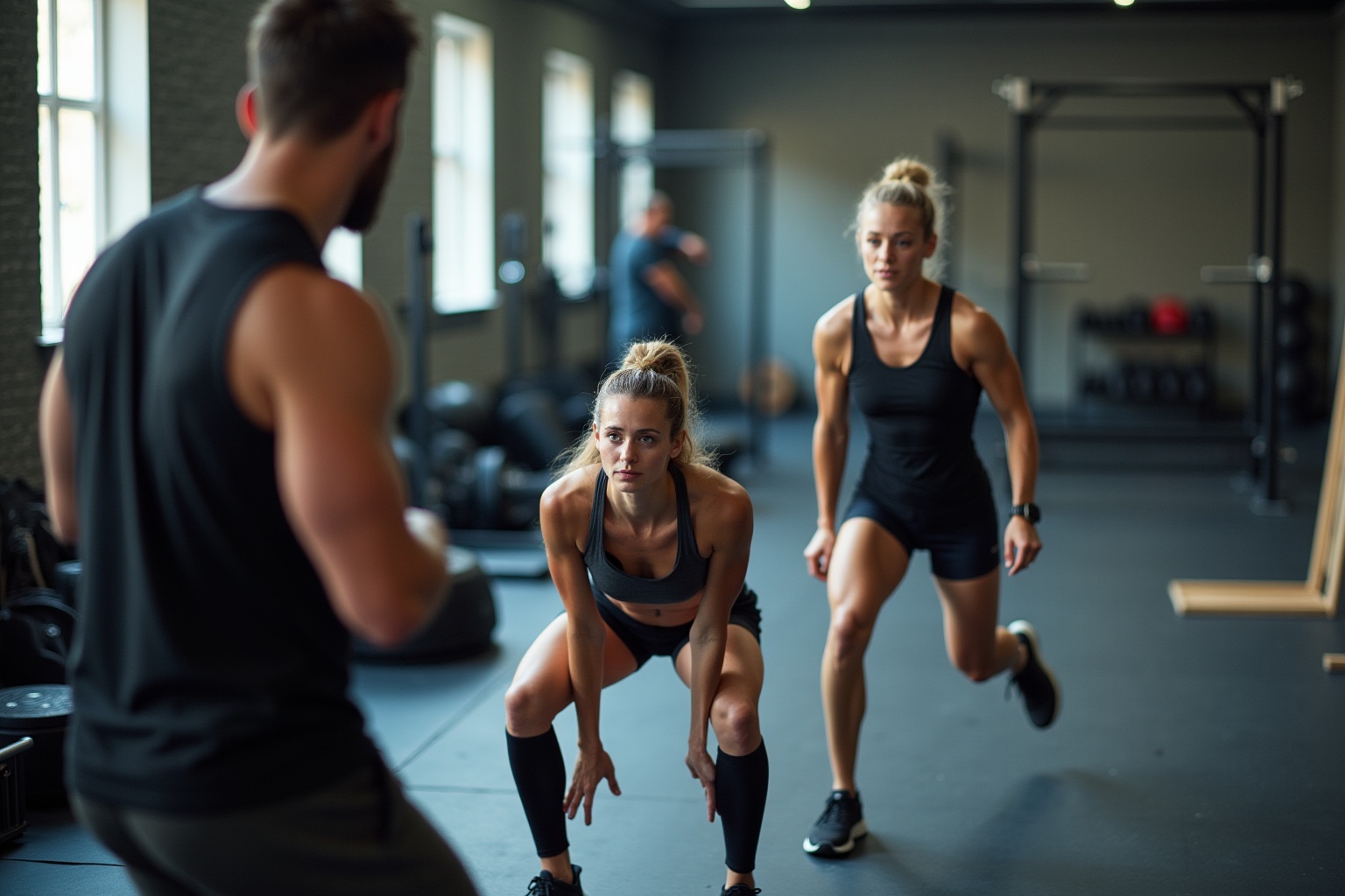 Athlètes masculins et féminins s'entraînant ensemble dans une salle de gym.