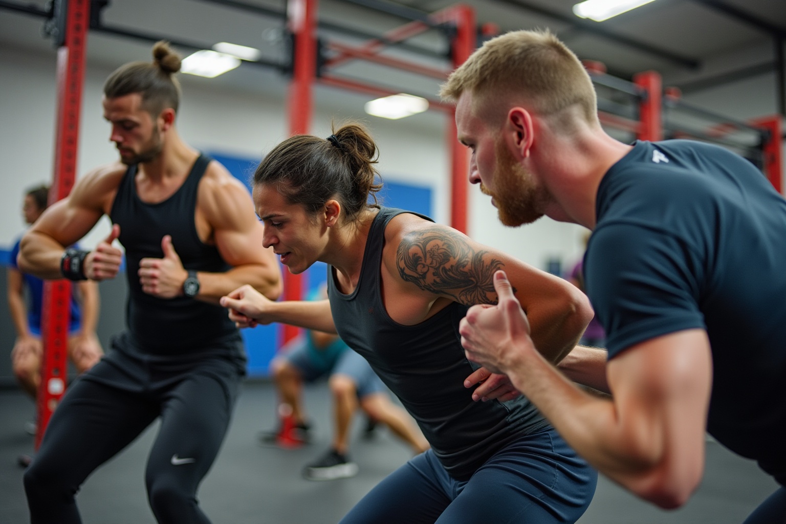Trois personnes s'entraînent ensemble dans une salle de sport.
