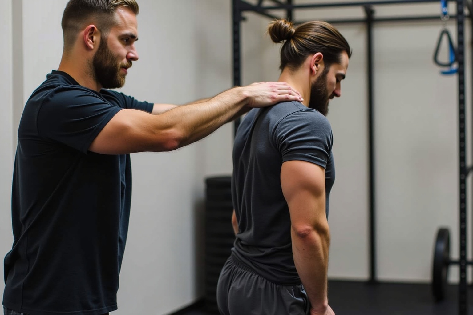 Deux hommes en tenue de sport s'entraident dans une salle de gym.