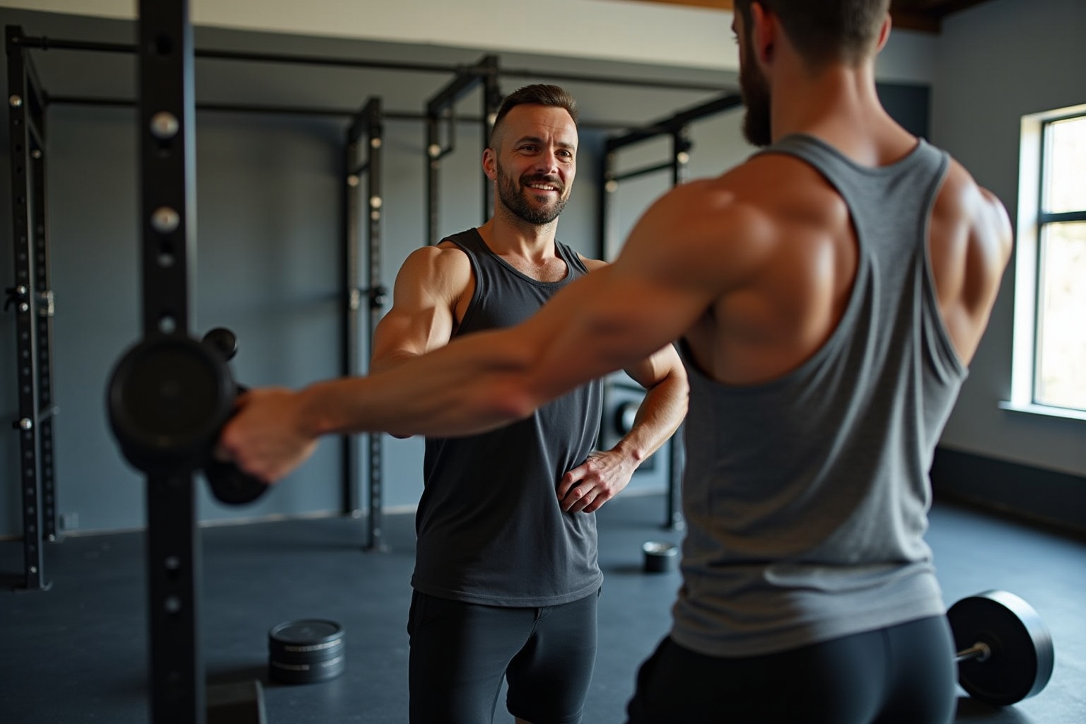 Deux hommes musclés s'entraînant ensemble dans une salle de gym.