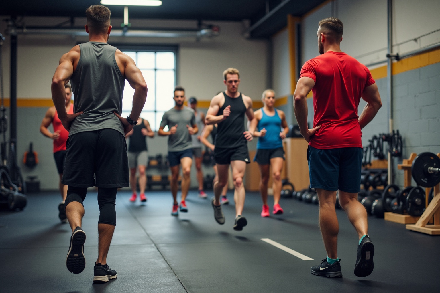 Groupe d'athlètes musclés s'entraînant ensemble dans une salle de gym.