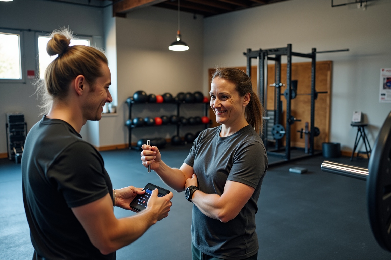 Deux personnes souriantes dans une salle de gym, l'une utilisant un appareil électronique.