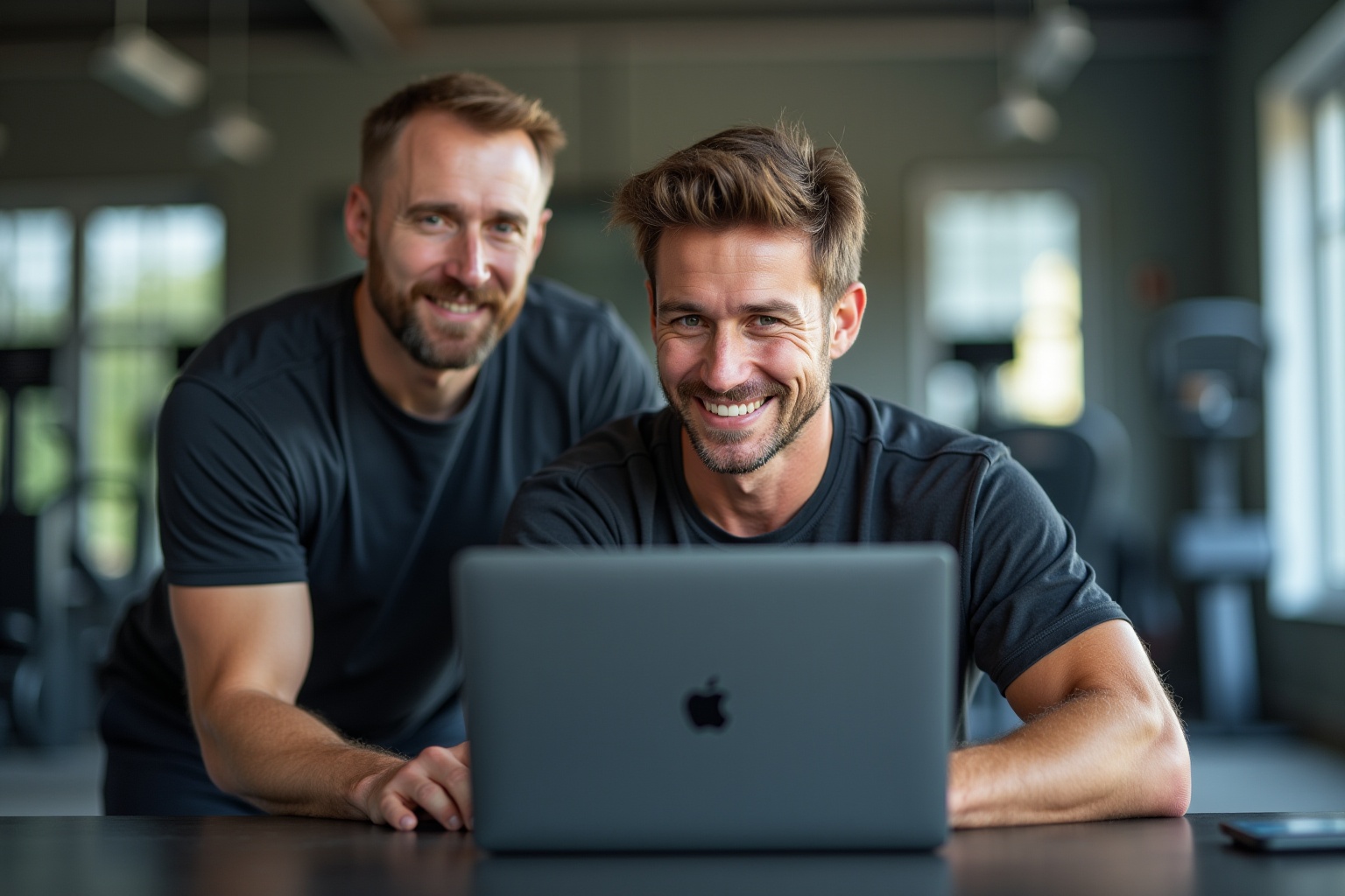 Deux hommes souriants travaillant ensemble sur un ordinateur portable.