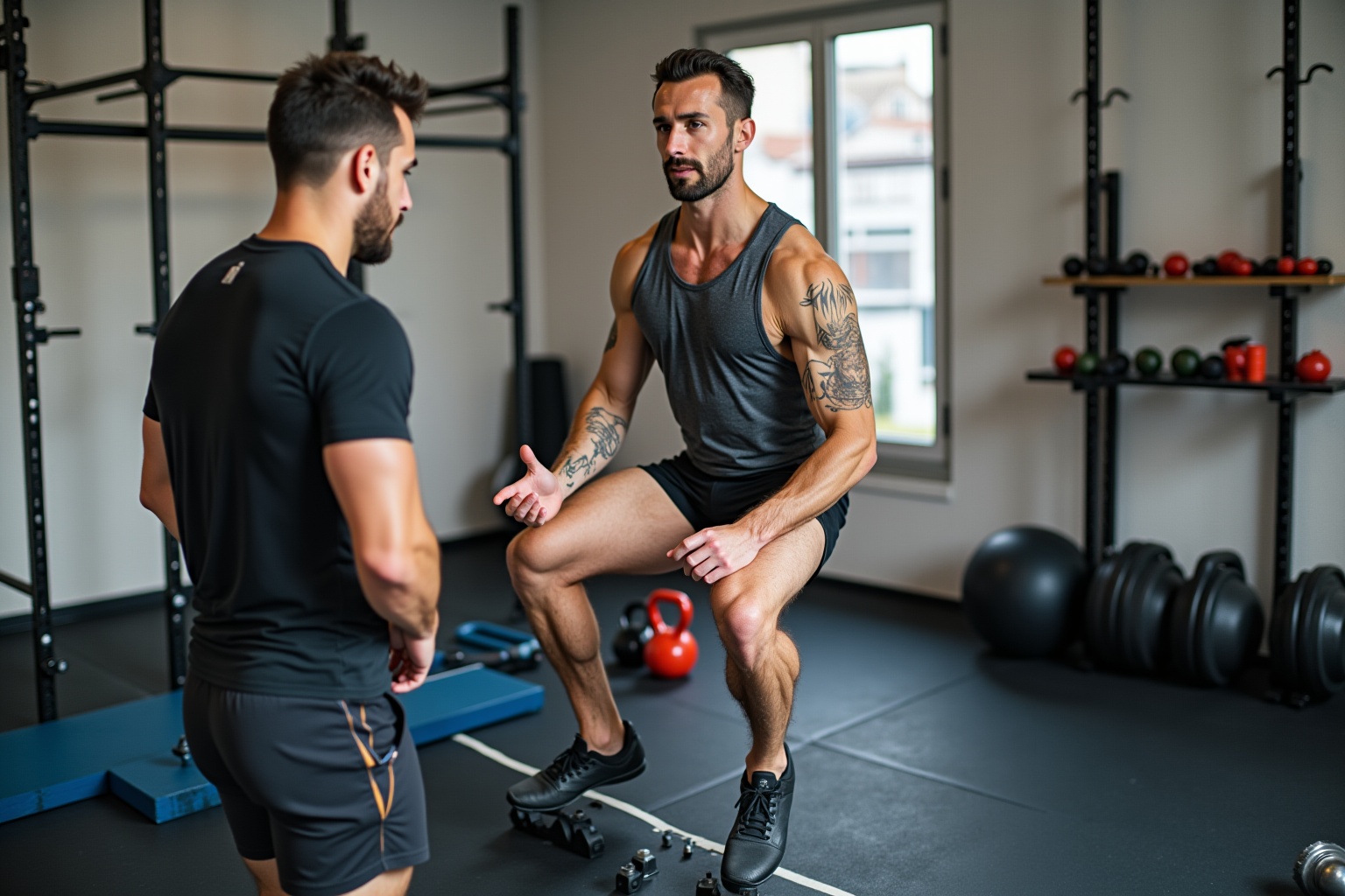 Deux hommes musclés discutent dans une salle de gym équipée.