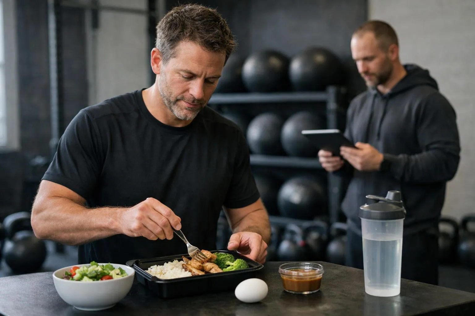 Homme mature mangeant un repas sain dans une salle de gym.