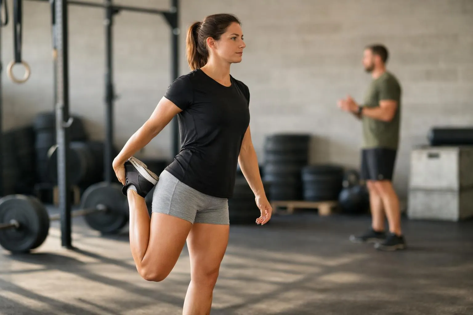 Femme athlétique s'étirant dans un gymnase.