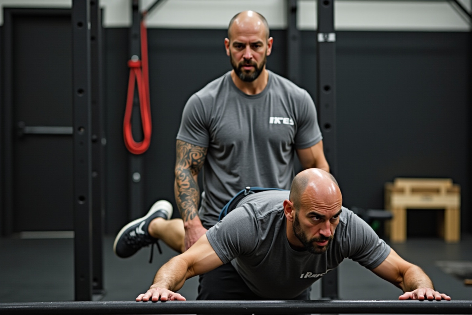 Deux hommes musclés s'entraînent dans une salle de sport.