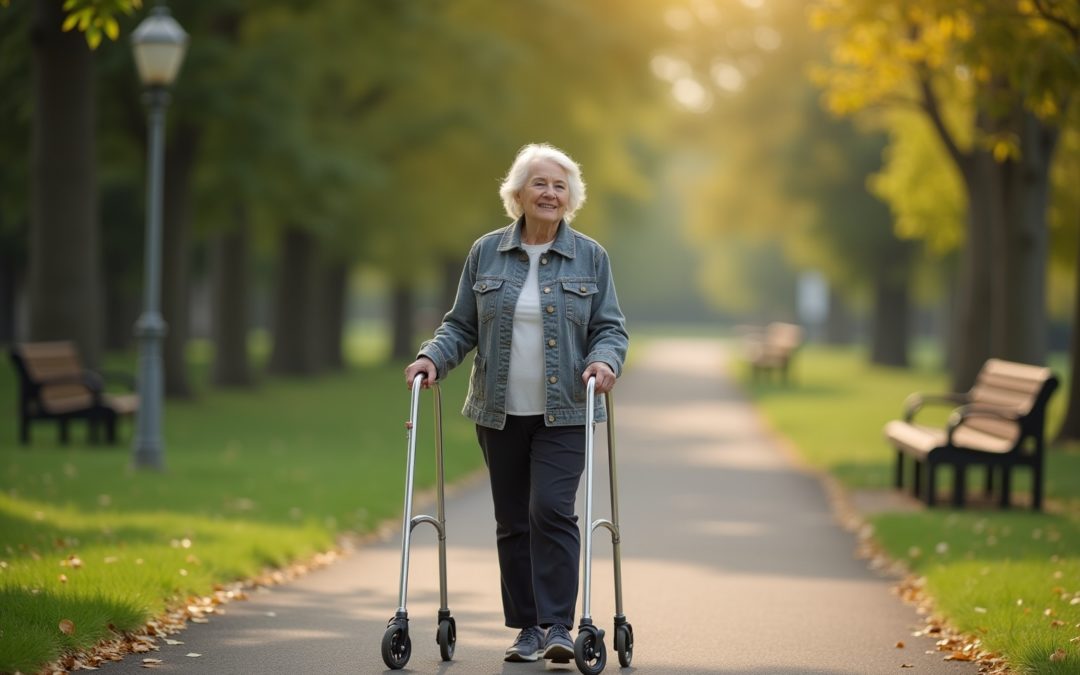 Personne âgée marchant dans un parc, illustrant le besoin de se mouvoir pour une vie plus équilibrée.