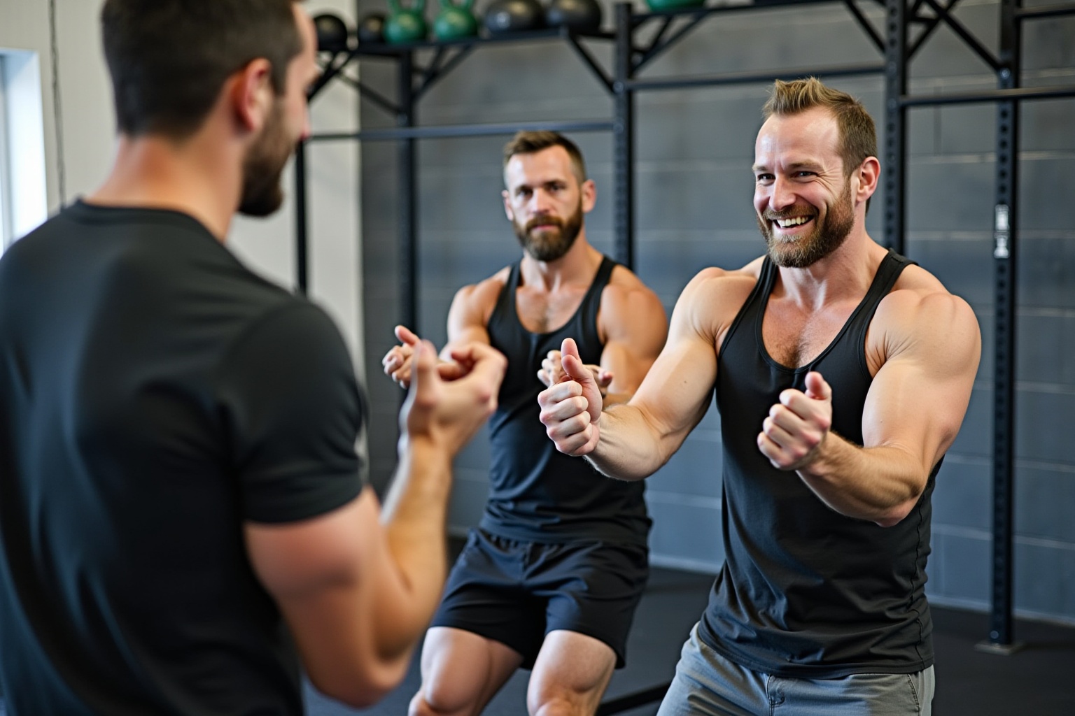 Trois hommes musclés s'entraînent ensemble dans une salle de sport.