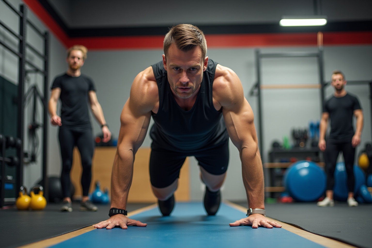 Homme musclé effectuant un exercice de planche dans une salle de sport.