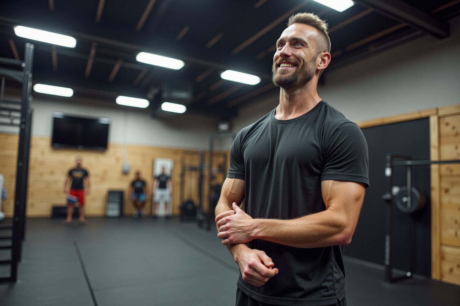 Homme musclé souriant dans un gymnase.