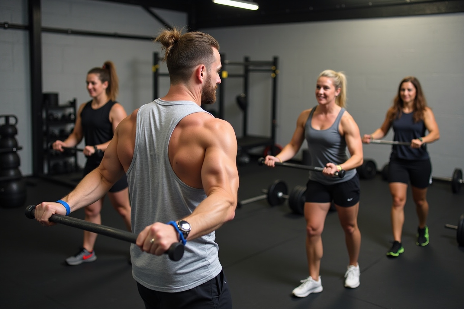 Groupe d'athlètes musclés s'entraînant dans une salle de gym.