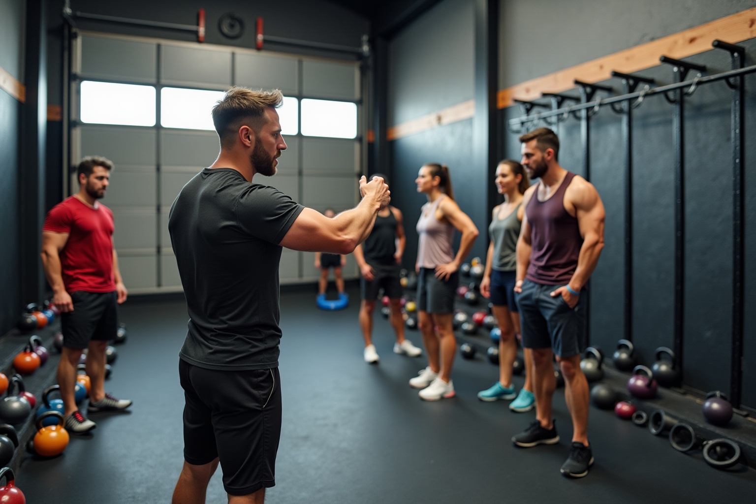 Groupe d'athlètes musclés s'entraînant ensemble dans une salle de gym.