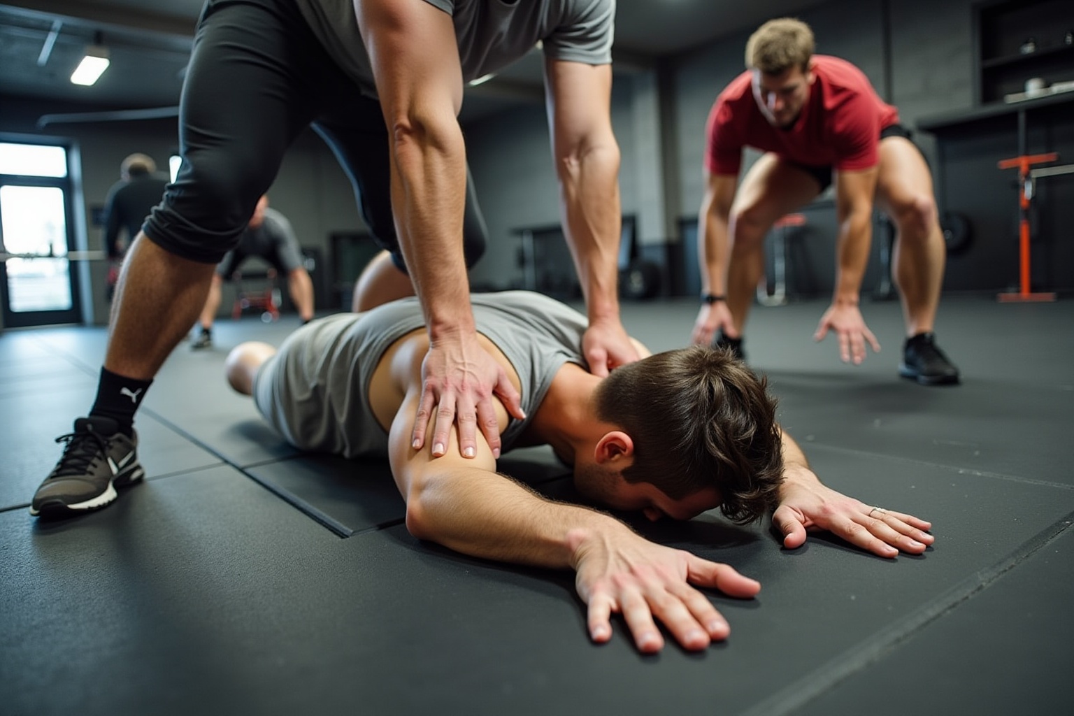 Deux hommes aidant un homme au sol dans une salle de sport.