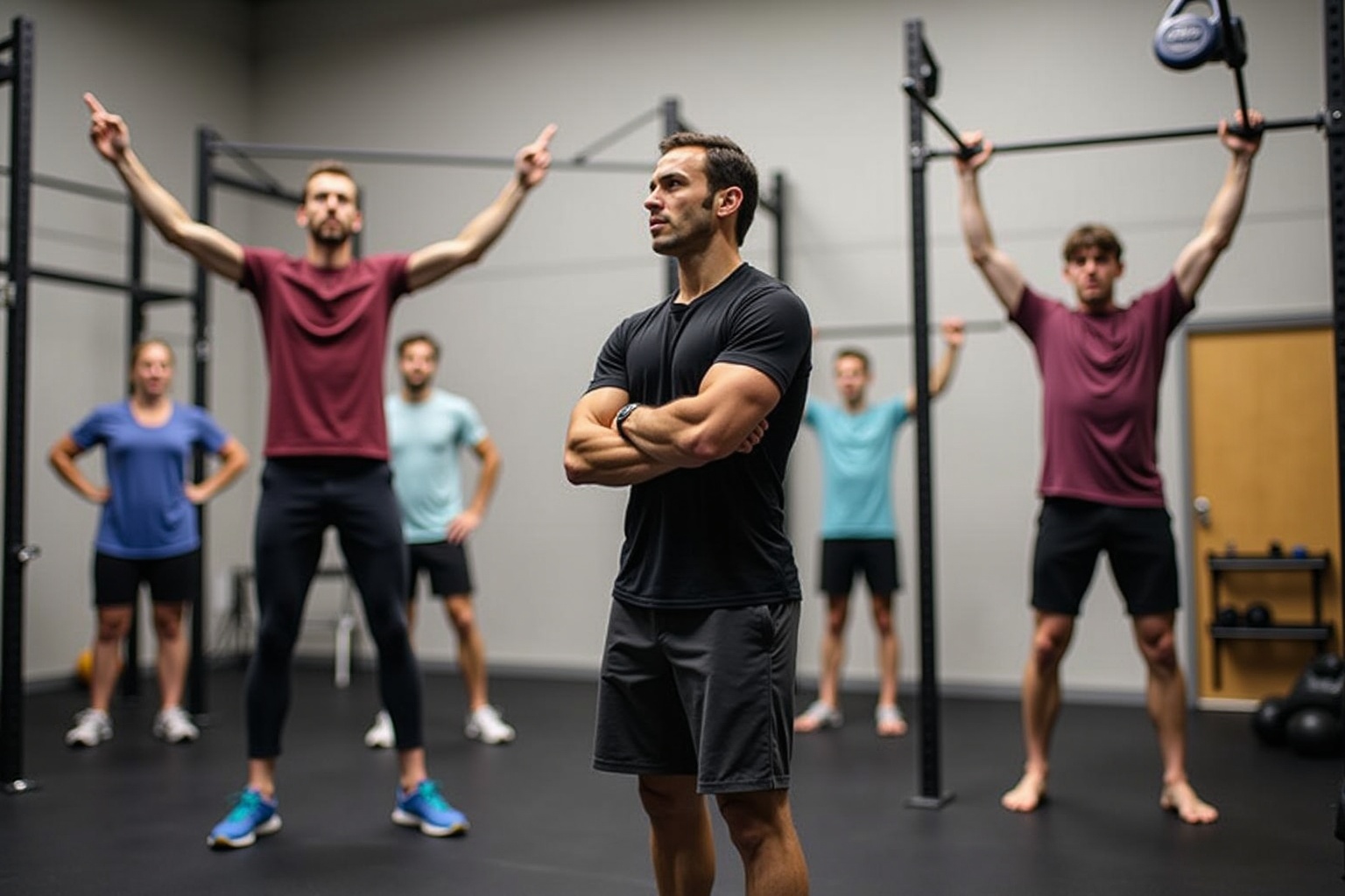 Groupe d'hommes musclés s'entraînant dans une salle de gym.