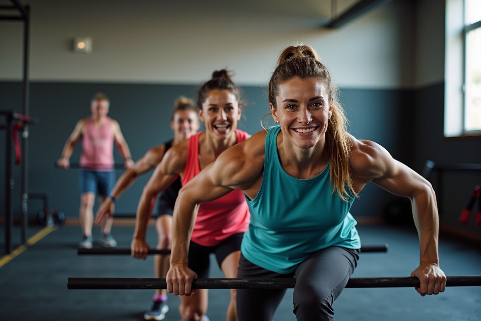 Groupe de femmes athlétiques s'entraînant ensemble dans une salle de gym.