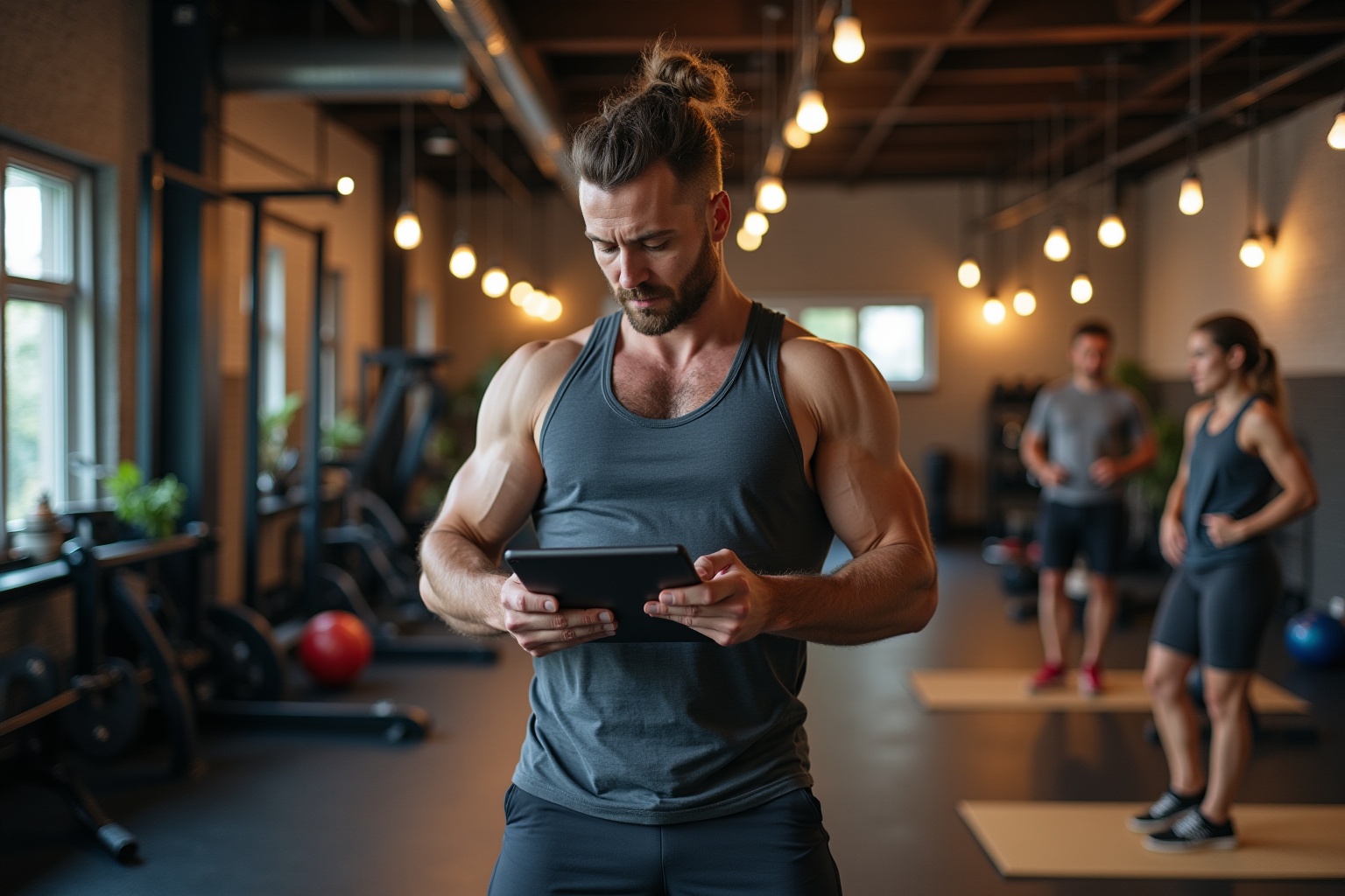 Homme musclé consultant une tablette dans une salle de gym.