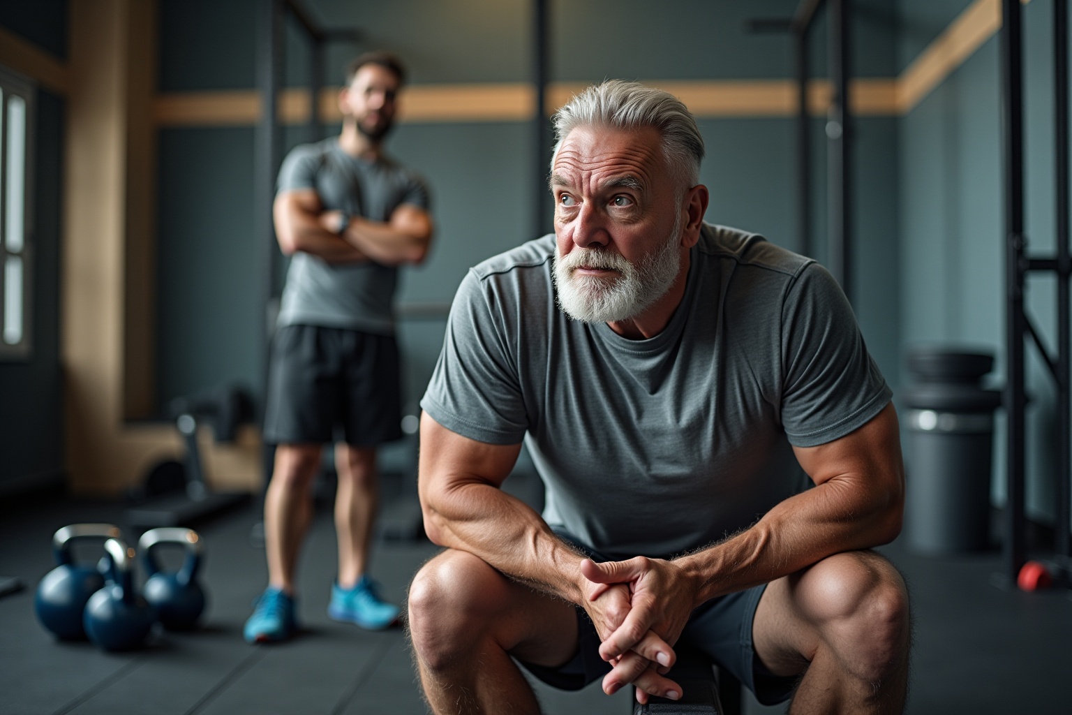 Deux hommes dans une salle de gym, l'un plus âgé et pensif, l'autre plus jeune et attentif.