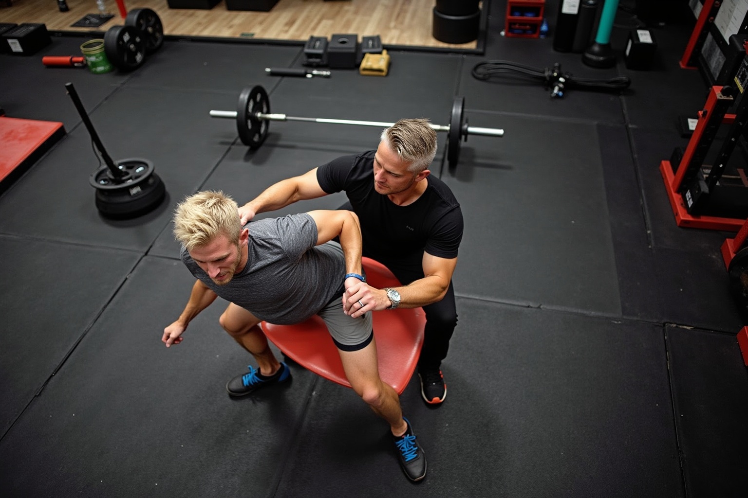 Deux hommes pratiquant un exercice de musculation dans une salle de sport.