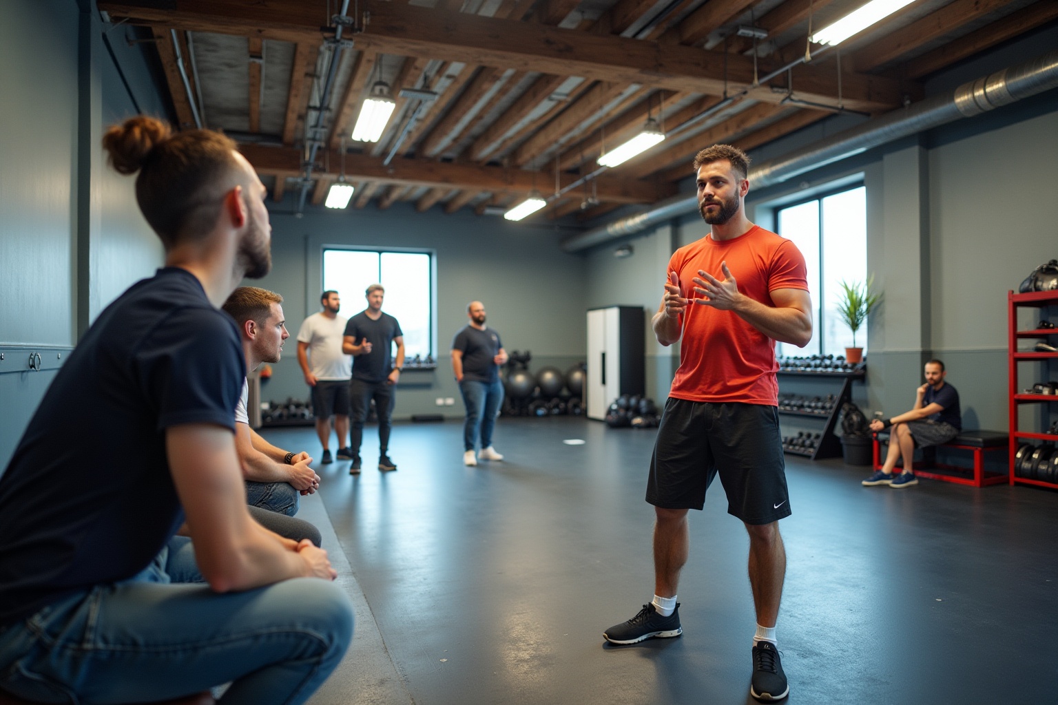 Groupe d'hommes dans une salle de gym discutant.