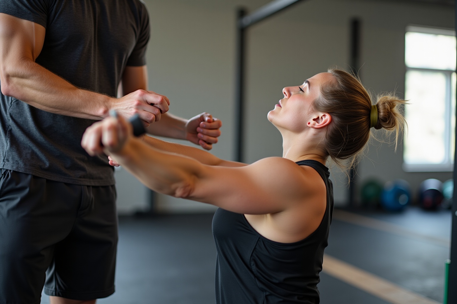 Deux personnes pratiquant des techniques de combat rapproché dans une salle de gym.
