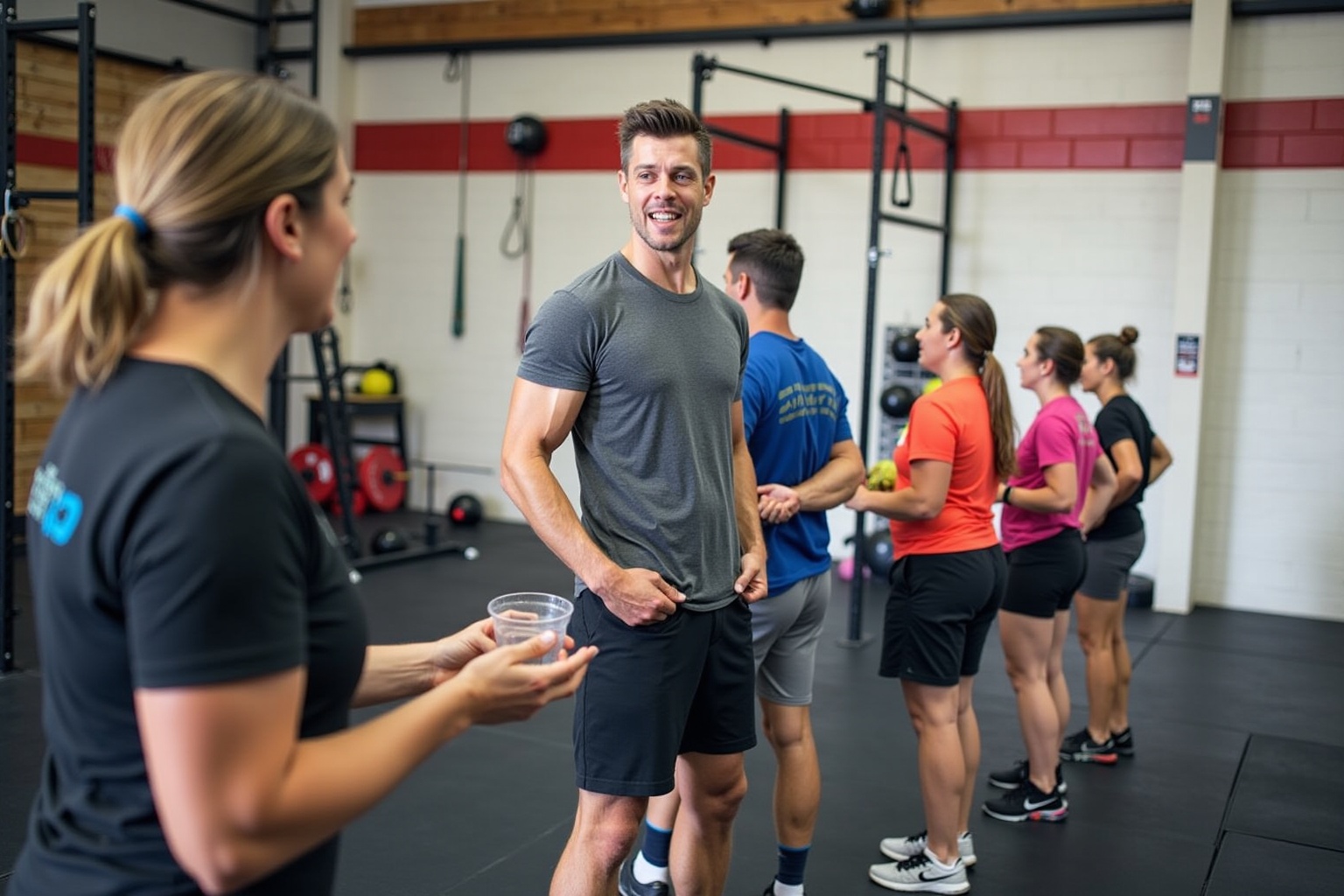 Groupe de personnes dans un centre de fitness, un homme souriant au premier plan.
