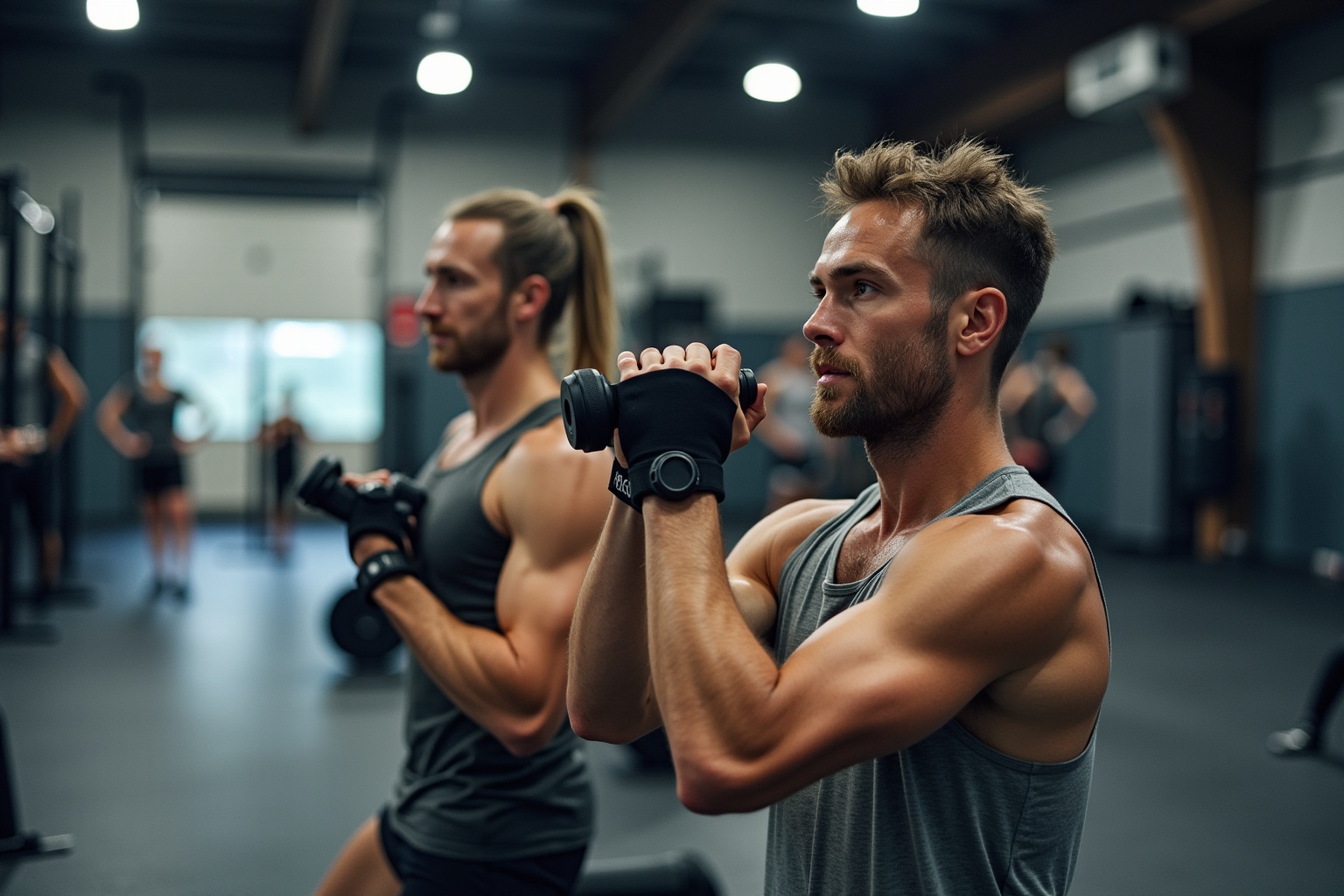 Deux hommes musclés s'entraînent avec des haltères dans une salle de gym.