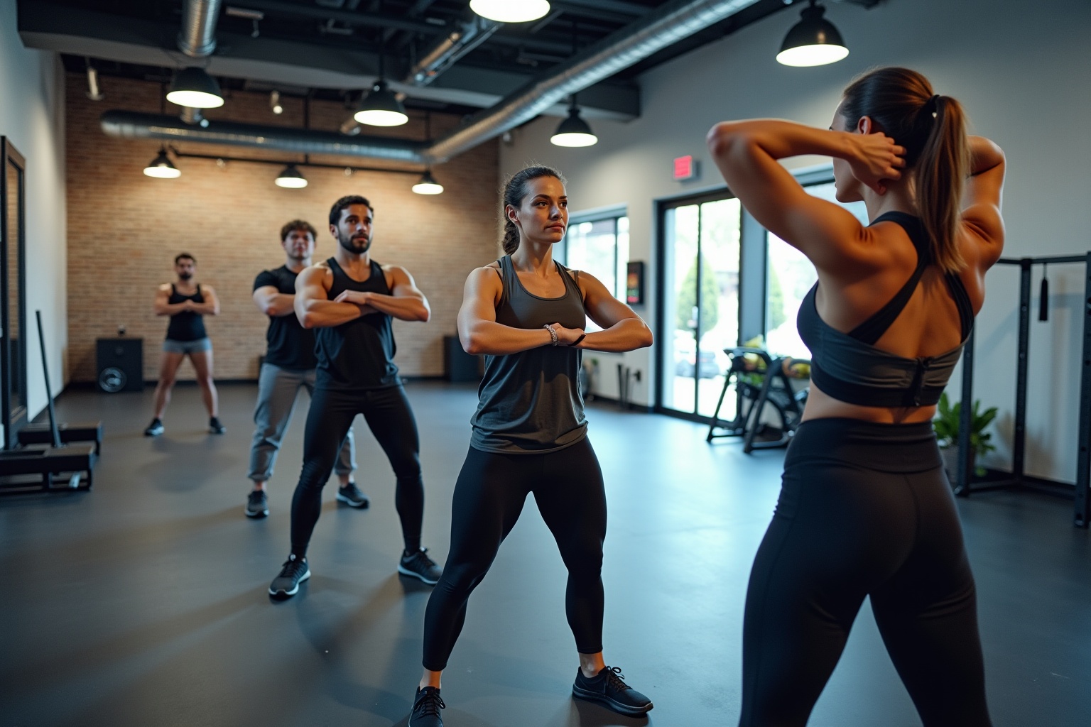 Groupe de personnes en tenue de sport dans une salle de gym.