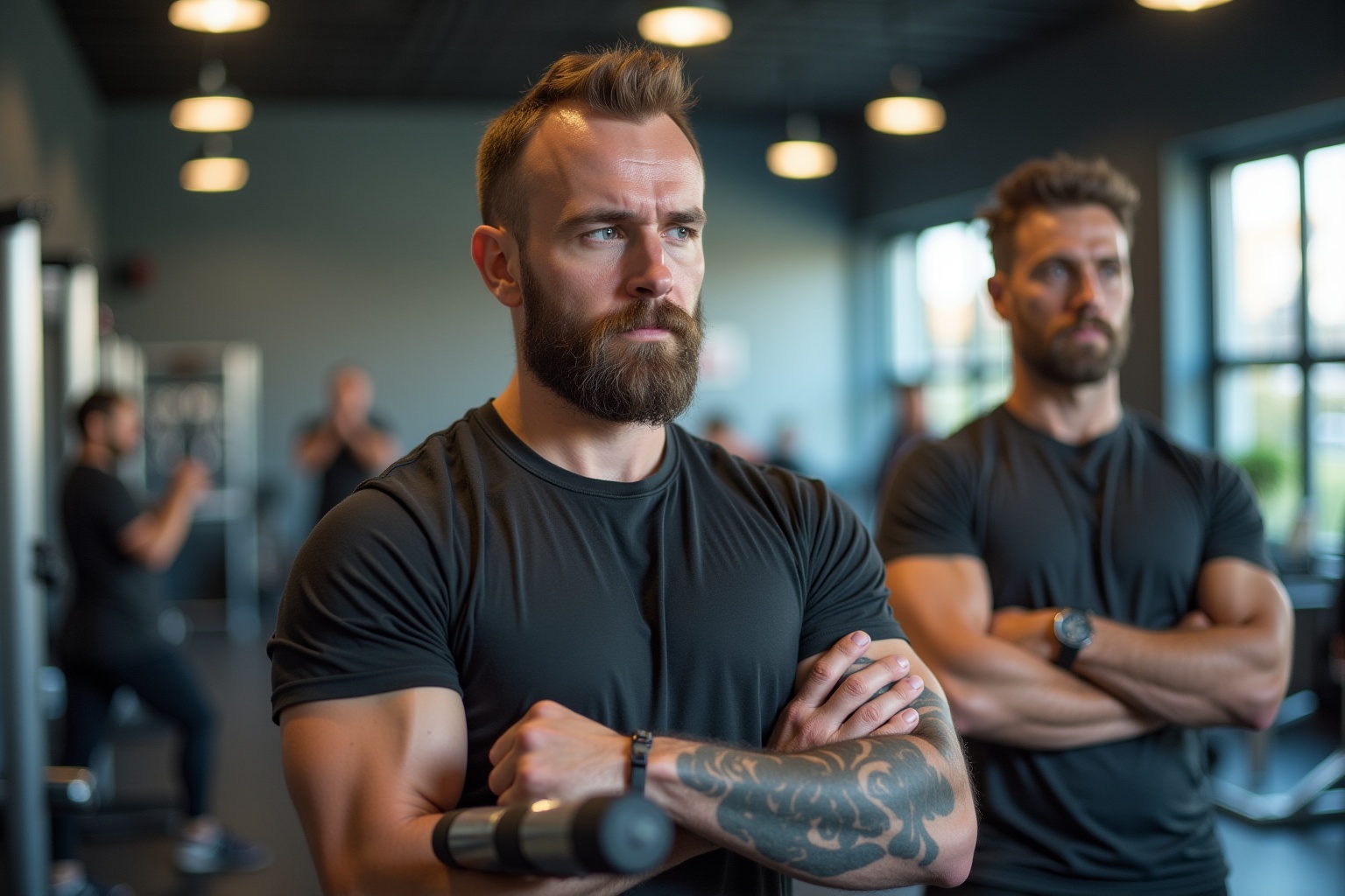 Deux hommes barbus en tenue de sport dans une salle de gym.