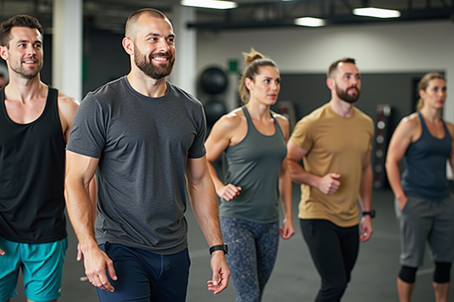 Groupe de personnes en tenue de sport dans une salle de gym.