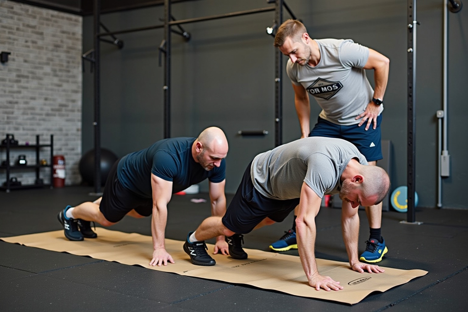 Trois hommes effectuant des exercices de fitness dans une salle de sport.